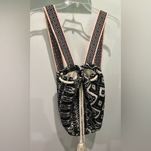 Billabong Aztec Boho Woven Patterned Black and White Drawstring Rope Bag